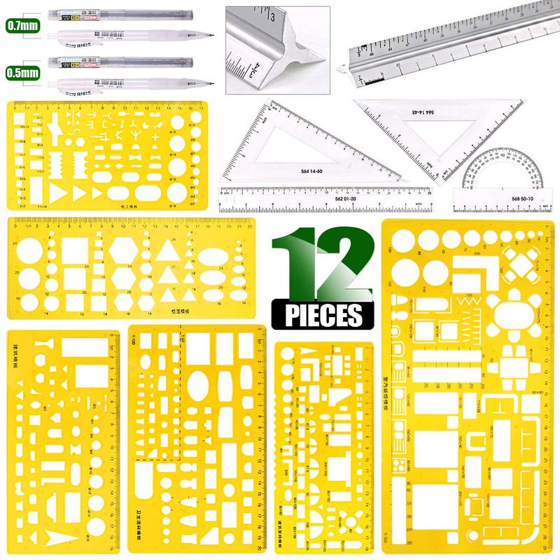 Keadic 12Pcs Geometric Drawings Templates, Geometry Ruler Plastic, Clear Shape Template Yellow Architect Scale Measuring Ruler Drafting Stencils Measuring Tools for Designing and Building - Image 1